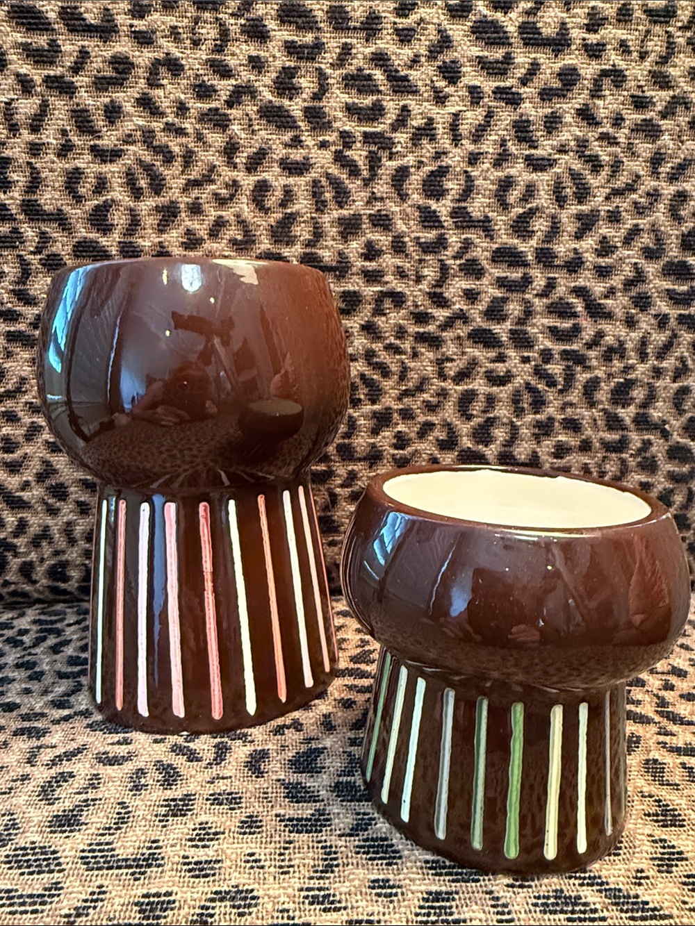 Set of 2: Handcrafted Brown Ceramic Face Planter with Colorful Stripe Base - Picture 3 of 6